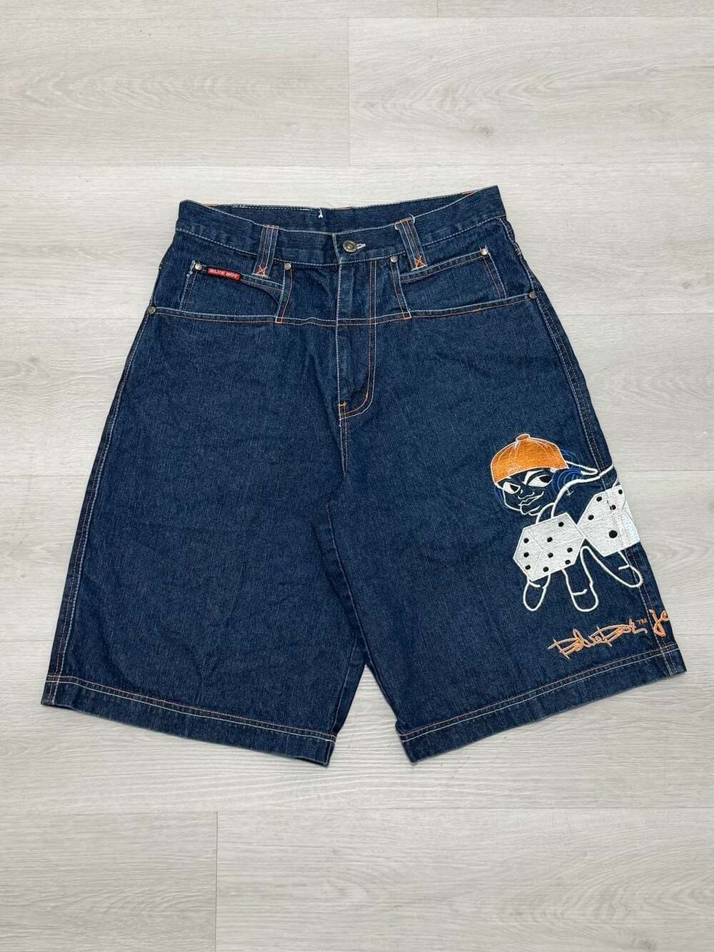 Vintage Blue Boy Wide Leg Jeans Embroidered Character Dice Baggy Jorts Size 32